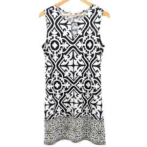 Haani Sleeveless Dress Metal Accent Geometric B&W Print Office Siren LG Petite